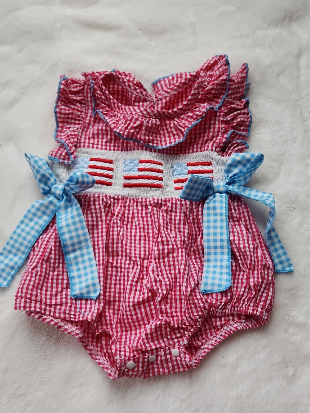 Red Gingham Baby Girl Romper with Embroidered Flags, SZ 3 - 6 Months